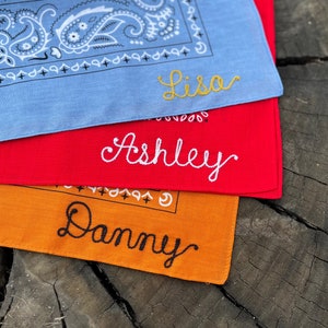 Personalized Chainstitch Embroidered Bandana with Custom Name | Cotton Western Style Hankie with Retro Script Name - Choose Your Own Colors