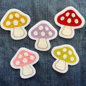 Handmade Chainstitch Embroidery Iron-On Patch - Cute Mushroom/Toadstool - Choose Your Color - Red, Pink, Purple, Chartruese or Gold