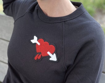 Crewneck Sweatshirt with Chenille Heart and Arrow Patch - Black, Red, Heather Gray | Unisex Fit Soft Comfortable Raglan Sleeves