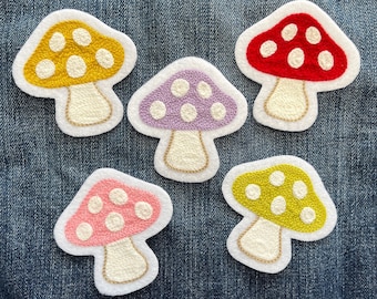 Handmade Chainstitch Embroidery Iron-On Patch - Cute Mushroom/Toadstool - Choose Your Color - Red, Pink, Purple, Chartruese or Gold