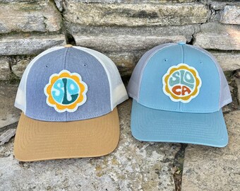 Trucker Hat Cap with Chainstitched San Luis Obispo SLO Design Patch in Two Options