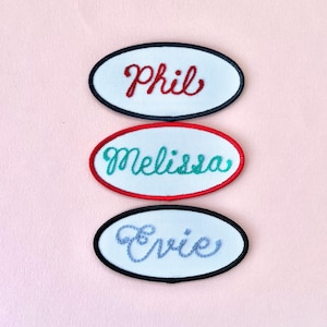 Custom Oval Name Tag Patch with Retro Chainstitched Script - Iron-On White Patch with Navy or Red Border - Choose Your Own Thread Color