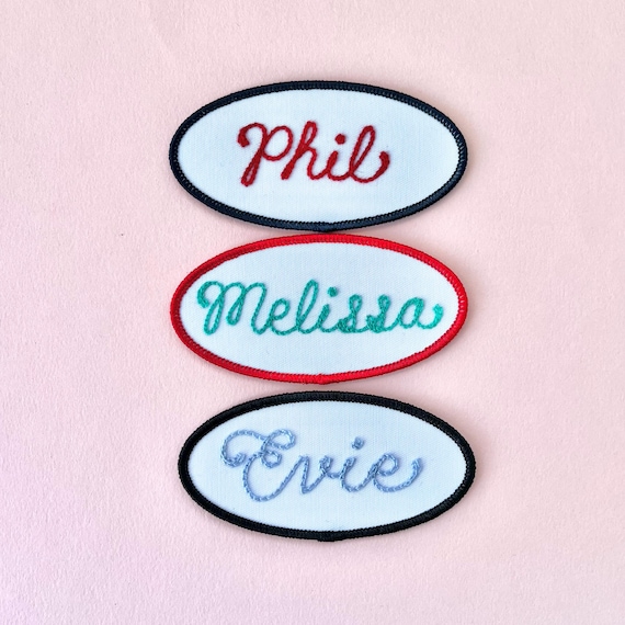 Custom Oval Name Tag Patch with Retro Chainstitched Script - Iron-On White Patch with Navy or Red Border - Choose Your Own Thread Color