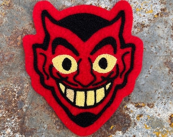 Chainstitch Embroidered Halloween Devil Iron-on Patch - Red, Black, Yellow, and Gold | Cute Retro Spooky Patch