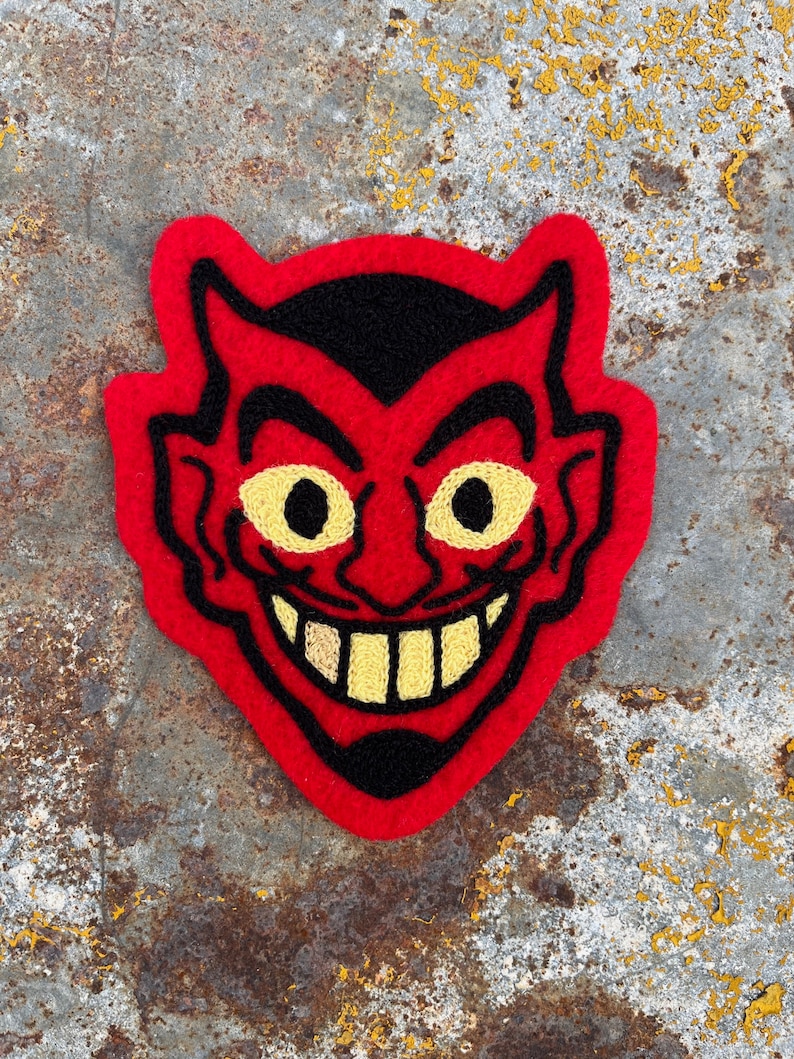 Vintage style devil face chainstitched embroidered patch red black yellow rockabilly style retro patch for denim jacket spooky halloween