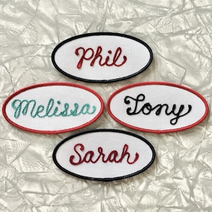 Custom Oval Name Tag Patch with Retro Chainstitched Script - Iron-On White Patch with Navy or Red Border - Choose Your Own Thread Color image 3