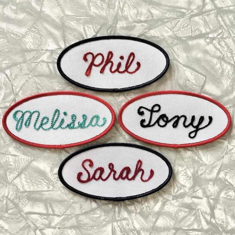Custom Oval Name Tag Patch with Retro Chainstitched Script - Iron-On White Patch with Navy or Red Border - Choose Your Own Thread Color image 3