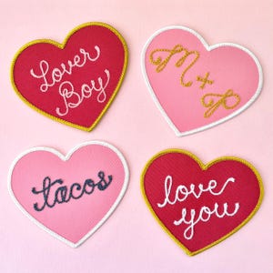 Vintage Style Red Twill Heart Patch with Custom Chainstitched Script - Iron-On with Gold Border Add your Text