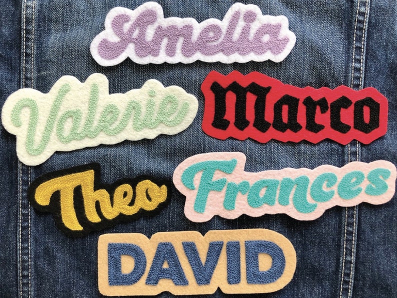 custom chainstitch embroidered name or word patch personalized with your choice of colors and fonts vintage brush script blackletter block sans groovy retro vintage rockabilly style for denim jacket backpack tote bag cute retro iron on handmade