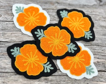 Chainstitch Embroidered California Poppy/Golden Poppy State Flower Iron-on Patch | Retro Vintage Style Handmade | Orange Gold Colorful Gift