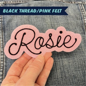 custom chainstich embroidered name patch with cute retro cursive script font on felt with iron on backing vintage style choose your own colors White Ivory Purple Pink Gold Red Tan Green Royal Blue Heather Gray Maroon Light Blue Mint Orange Magenta