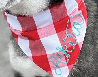 Chainstitched Dog Bandana with Custom Name in Script Embroidery Over-the-Collar  | Personalized Pet Accessory Multiple Sizes and Colors