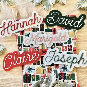 Name Patch with Cursive Script Font for Christmas Stocking | Handmade Chainstitch Embroidery Custom Personalized Iron-On Name Patches
