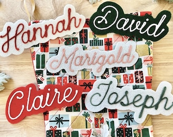 Name Patch with Cursive Script Font for Christmas Stocking | Handmade Chainstitch Embroidery Custom Personalized Iron-On Name Patches