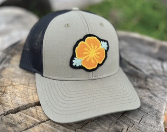 Trucker Hat Cap with Chainstitched California Golden Poppy Bright Orange Flower Patch | Richardson 115 Mesh Back Womens SnapBack