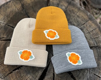 Waffle Knit Cuffed Beanie Cap with Chainstitch Embroidered California Poppy Patch - Ivory, Camel, or Heather Gray