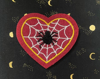 Chainstitch Embroidered Halloween Spider in Spiderweb Heart Iron-on Patch | Cute Retro Spooky Patch Rockabilly