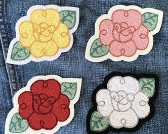 Chainstitch Embroidered Vintage Style Rose Flower Iron-on Patch in Choice of Color - Pink, Red, Yellow, or White | Retro Rockabilly Style