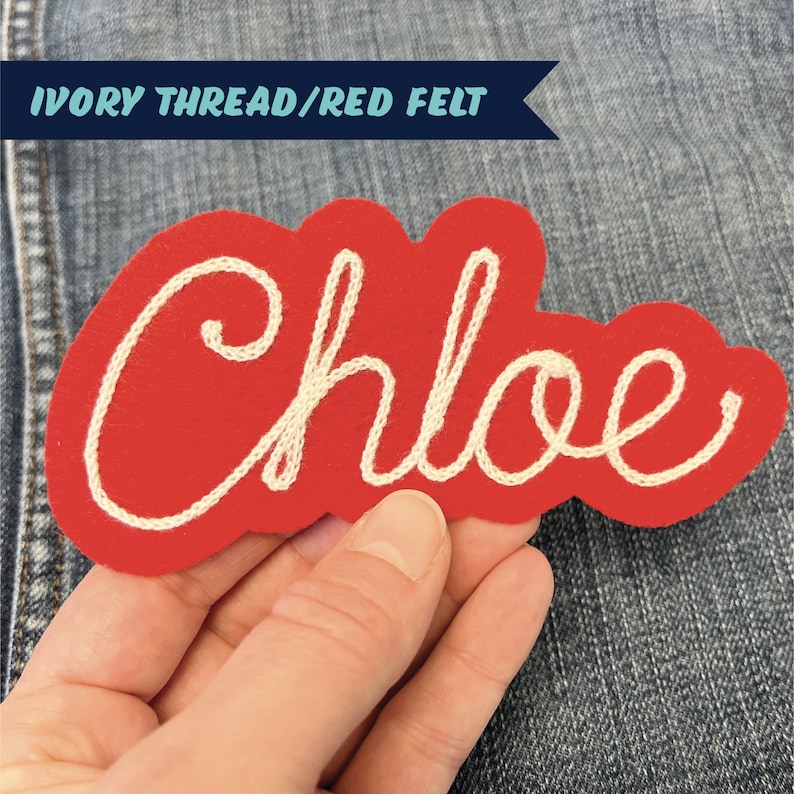 custom chainstich embroidered name patch with cute retro cursive script font on felt with iron on backing vintage style choose your own colors White Ivory Purple Pink Gold Red Tan Green Royal Blue Heather Gray Maroon Light Blue Mint Orange Magenta