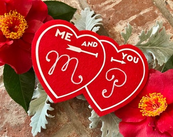 Vintage Style Red Felt "Me and You" Heart Pennant with Custom Chainstitched Initials | Retro 1950s Personalized Valentines Day Gift