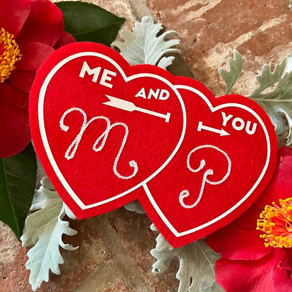 Vintage Style Red Felt "Me and You" Heart Pennant with Custom Chainstitched Initials | Retro 1950s Personalized Valentines Day Gift