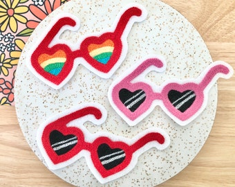 Handmade Chainstitch Embroidery Valentine Iron-On Patch - Retro Heart Shaped Sunglasses Patch - Choose Red, Pink, or Rainbow