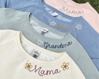 Mama Chainstitched Custom Embroidered Womens Crewneck Wide Neck Sweatshirt with Name on Collar in Cursive Script - Personalized Gift