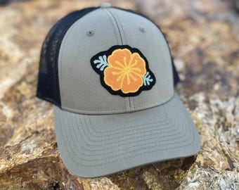 Military Green Trucker Hat: Chainstitched California Poppy Patch