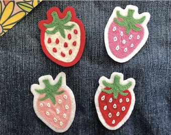 Handmade Chainstitch Embroidery Iron-On Patch - Cute Strawberry in Red, White, Medium Pink, or Light Pink | Retro Strawberry No-Sew Patch