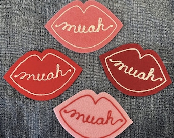 Muah Kiss Lips Chainstitched Patch | Iron On | Choose Your Color | Valentines Gift for Girlfriend Rockabilly Vintage Style Patch for Jacket