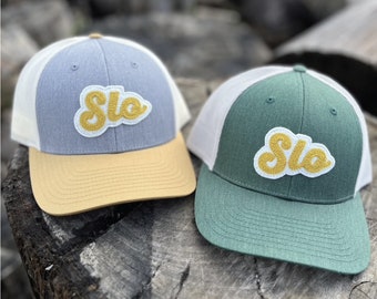 Chainstitched San Luis Obispo SLO Design Patch Trucker Hat Cap - Dark Green and Heather Gray/Gold Richardson 115 | Central Coast CA