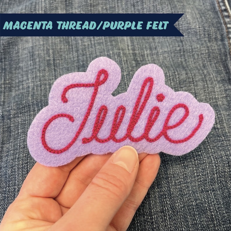 custom chainstich embroidered name patch with cute retro cursive script font on felt with iron on backing vintage style choose your own colors White Ivory Purple Pink Gold Red Tan Green Royal Blue Heather Gray Maroon Light Blue Mint Orange Magenta