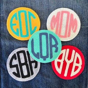Round vintage style custom retro collegiate chainstitch embroidery monogram iron on patch choose your own colors bright colorful felt