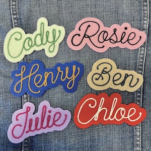 custom chainstich embroidered name patch with cute retro cursive script font on felt with iron on backing vintage style choose your own colors White Ivory Purple Pink Gold Red Tan Green Royal Blue Heather Gray Maroon Light Blue Mint Orange Forest