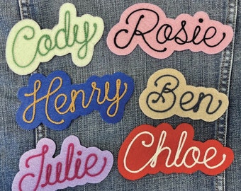 Name Patch with Cursive Script Font | Handmade Chainstitch Embroidery Custom Personalized Iron-On Name or Word Patches on Felt