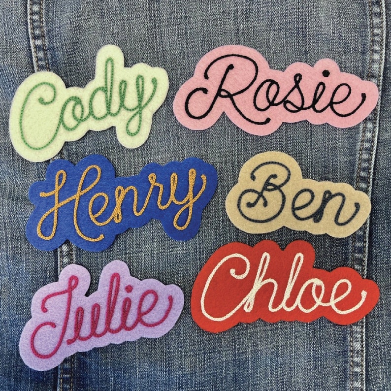 custom chainstich embroidered name patch with cute retro cursive script font on felt with iron on backing vintage style choose your own colors White Ivory Purple Pink Gold Red Tan Green Royal Blue Heather Gray Maroon Light Blue Mint Orange Forest