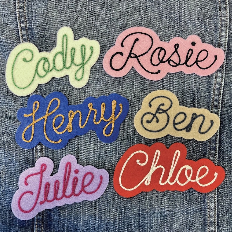 custom chainstich embroidered name patch with cute retro cursive script font on felt with iron on backing vintage style choose your own colors White Ivory Purple Pink Gold Red Tan Green Royal Blue Heather Gray Maroon Light Blue Mint Orange Forest