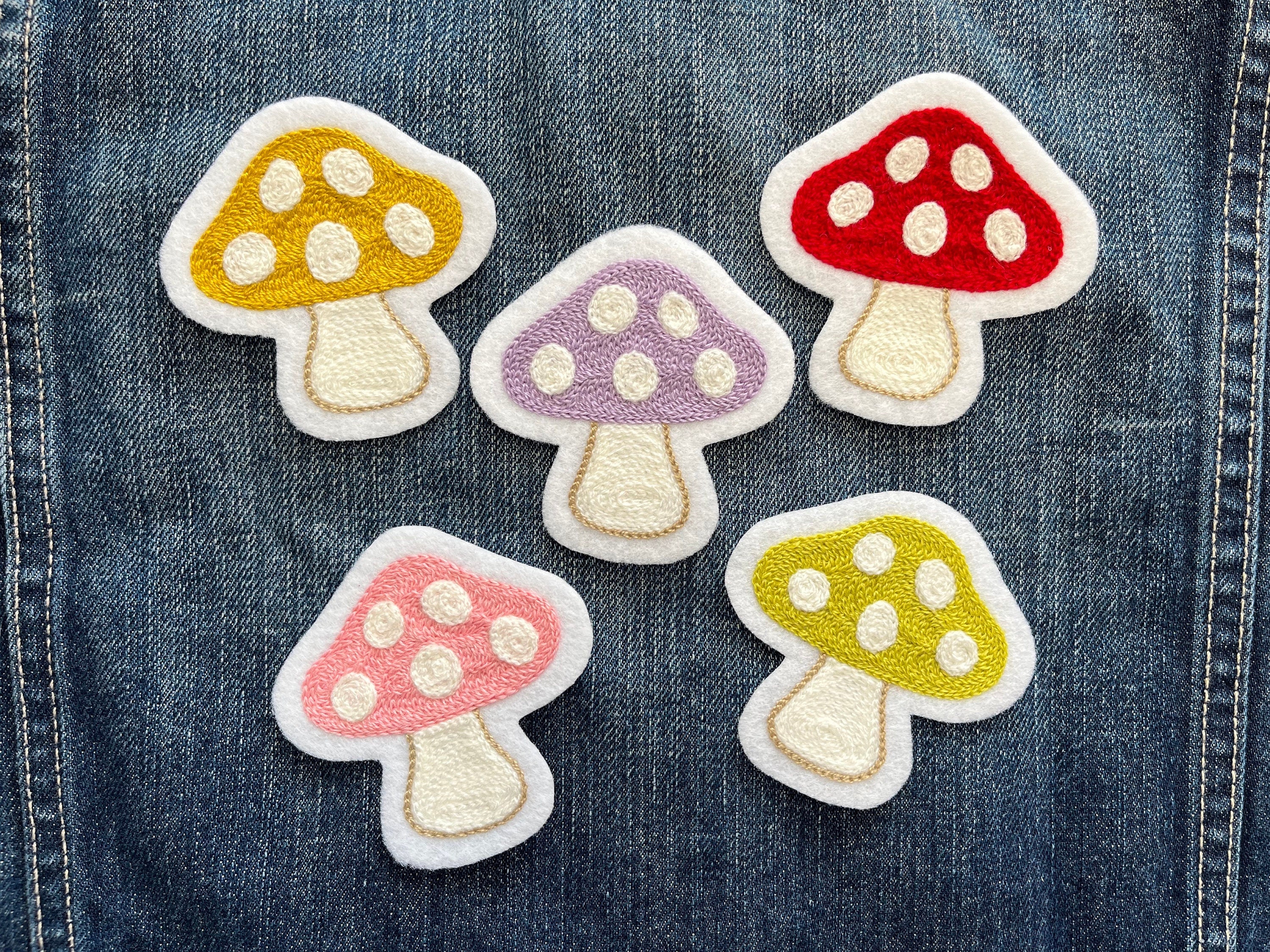 Handmade Chainstitch Embroidery Iron-On Patch - Cute Mushroom/Toadstool - Choose Your Color - Red, Pink, Purple, Chartruese or Gold