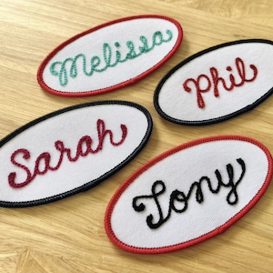Custom Oval Name Tag Patch with Retro Chainstitched Script - Iron-On White Patch with Navy or Red Border - Choose Your Own Thread Color