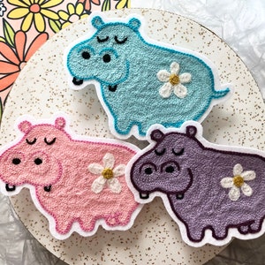 Chainstitch Embroidery Cute Retro Hippo with Flower Patch - Pink, Purple, or Blue | Iron-On | Hippopotamus Patch for Kids Mary Blair Style