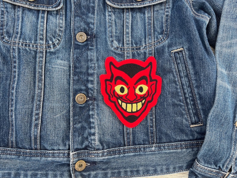 Vintage style devil face chainstitched embroidered patch red black yellow rockabilly style retro patch for denim jacket spooky halloween