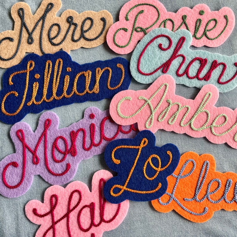 custom chainstich embroidered name patch with cute retro cursive script font on felt with iron on backing vintage style choose your own colors White Ivory Purple Pink Gold Red Tan Green Royal Blue Heather Gray Maroon Light Blue Mint Orange Magenta