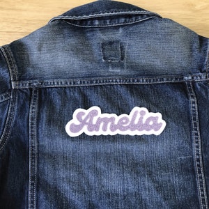 custom chainstitch embroidered name or word patch personalized with your choice of colors and fonts vintage brush script blackletter block sans groovy retro vintage rockabilly style for denim jacket backpack tote bag cute retro iron on handmade