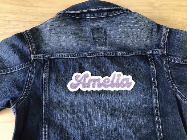 custom chainstitch embroidered name or word patch personalized with your choice of colors and fonts vintage brush script blackletter block sans groovy retro vintage rockabilly style for denim jacket backpack tote bag cute retro iron on handmade