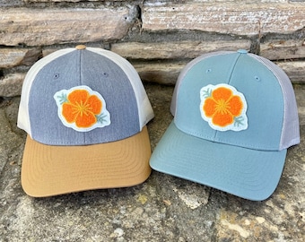 Trucker Hat Cap with Chainstitched California Golden Poppy Bright Orange Flower Patch | Richardson 115 Mesh Back Womens SnapBack