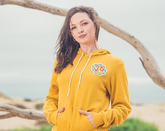 San Luis Obispo CA Pullover Hoodie Sweatshirt with Chainstitched SLO Retro Style Flower Patch  - Dusty Blue, Mustard Yellow, or Mauve