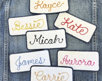 Custom Chainstitched Retro Name Tag Patch - Iron-On White Rectangular Patch with Navy Blue Border - Choose Your Own Thread Color