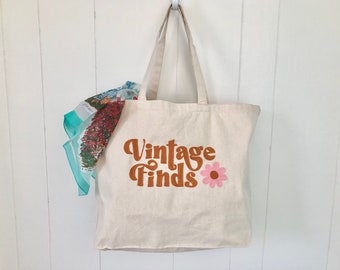 Vintage Finds Shopping Bag Chainstitched Large Size Natural Canvas Tote Bag with Retro Style Text and Groovy Flower Design | Brown and Pink