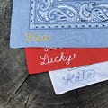 Personalized Chainstitch Embroidered Bandana with Custom Name | Cotton Western Style Hankie with Retro Script Name - Choose Your Own Colors