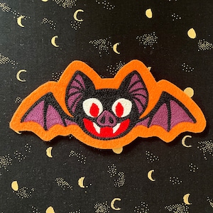 Chainstitch Embroidered Halloween Vampire Bat Iron-on Patch - Orange, Black, Red, and Purple | Cute Retro Spooky Patch